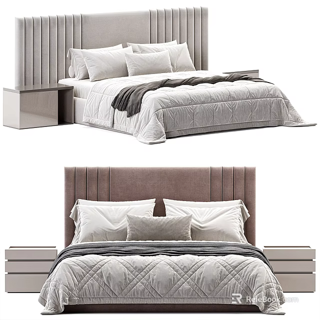 Modern Double Bed Interior With Upholstered Headboard Quilted Bedspread And Side Tables 3d model