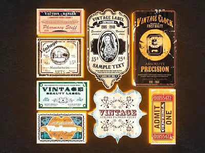Vintage Brand Logos Collection With Classic Stamps Clock And Admit One Labels 3d model
