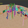 Colorful Playground Equipment With Green Slide Climbing Frames Yellow Red Poles And Sandy Surface