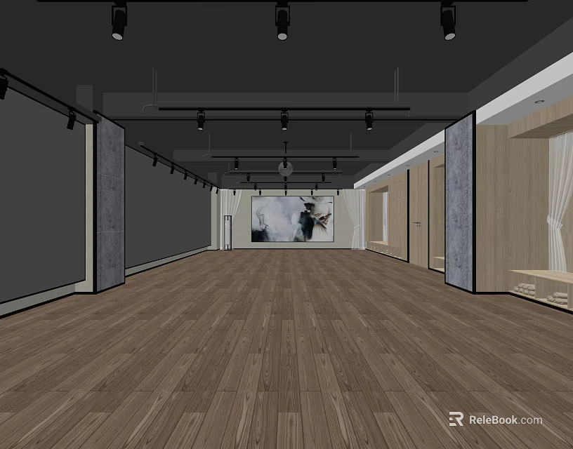 Spacious Fitness Gym Interior With Wooden Flooring Gray Walls And Bright Lighting Setup 3d model 