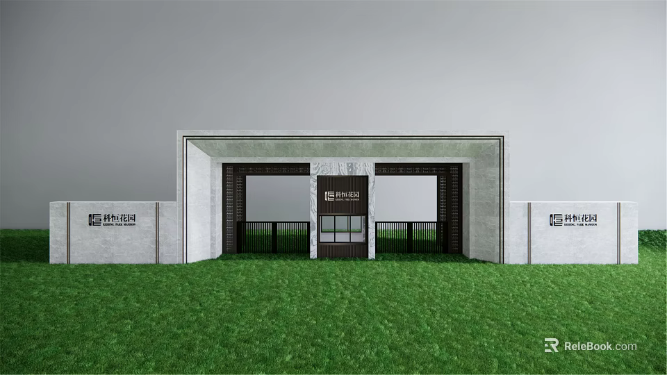 Modern Entrance Gate With Stone Structure And Green Lawn Architectural Design 3d model 