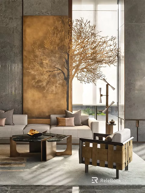 Light Colored Sofa and Coffee Table Set with Golden Tree Painting Gray Wall Floor Lamp 3d model 