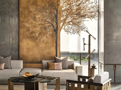 Light Colored Sofa and Coffee Table Set with Golden Tree Painting Gray Wall Floor Lamp 3d model