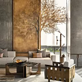 Light Colored Sofa and Coffee Table Set with Golden Tree Painting Gray Wall Floor Lamp