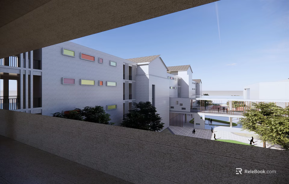 Modern School Building With Colorful Windows Multi Story Structure And Green Courtyard Area 3d model 