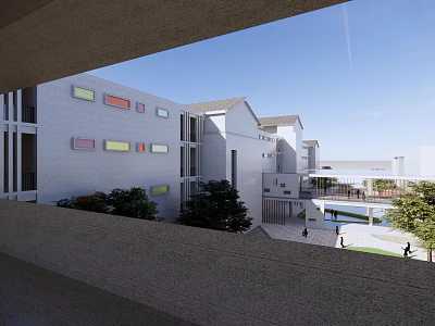 Modern School Building With Colorful Windows Multi Story Structure And Green Courtyard Area 3d model