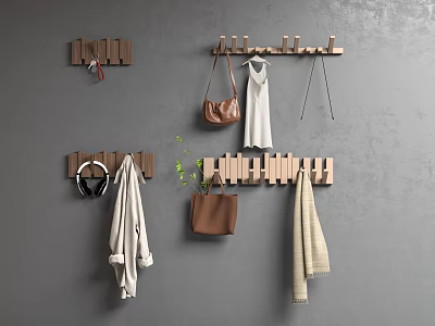 Wooden Wall Hooks On Gray Wall With Coats Bags Headphones And Scarves 3d model
