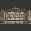 Circular Half Timbered Building With Tiled Roof Multiple Windows And Wooden Door