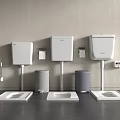Modern Wall Mounted Toilet With Water Tanks Trash Bins And Accessories In Bathroom Setup