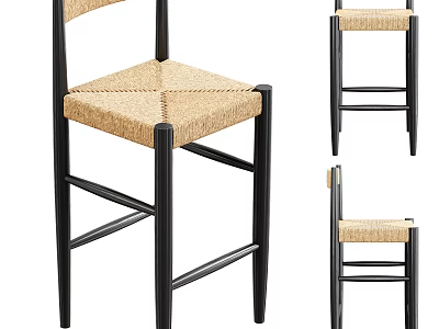 Simple Design Bar Stool With Woven Rattan Seat And Black Wooden Legs Backrest 3d model