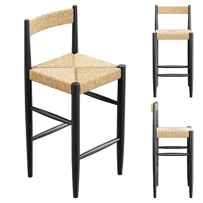 Simple Design Bar Stool With Woven Rattan Seat And Black Wooden Legs Backrest 3d model
