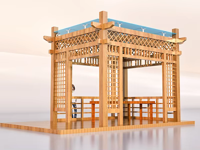 Traditional Wooden Pavilion Classic Design With Blue Roof Lattice Windows And Benches 3d model