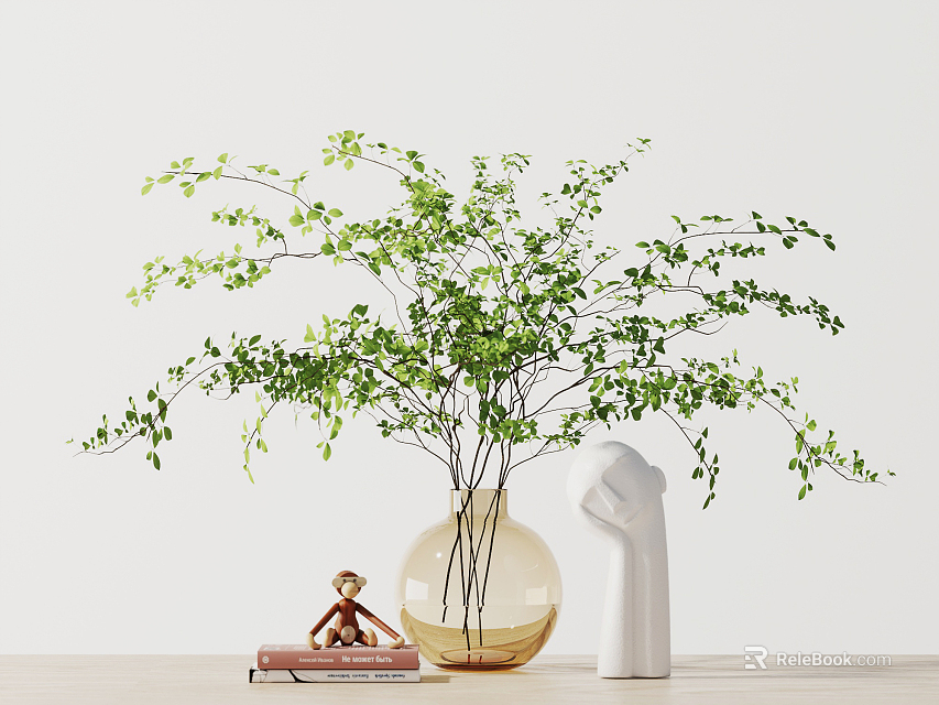 Decorative Ornament Set with Transparent Vase Green Leaves White Figurine Red Book Small Monkey Doll 3d model 