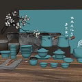 Blue Ceramic Tea Set with Teapot Teacups Strainer and Traditional Tray 3d model