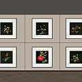 Six Floral Decorative Paintings With Black Frames On White Wall Interior