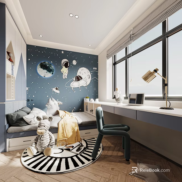 Starry Sky Themed Tatami Bedroom Interior With Astronaut Planet Wall Art Large Windows Desk Chair 3d model 