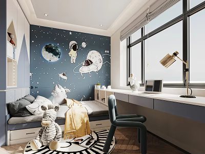 Starry Sky Themed Tatami Bedroom Interior With Astronaut Planet Wall Art Large Windows Desk Chair 3d model