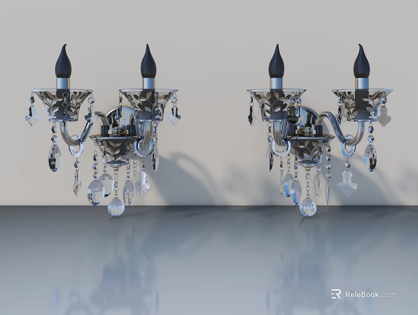 Elegant Silver Crystal Wall Sconces With Black Candle Bulbs And Pendants 3d model 