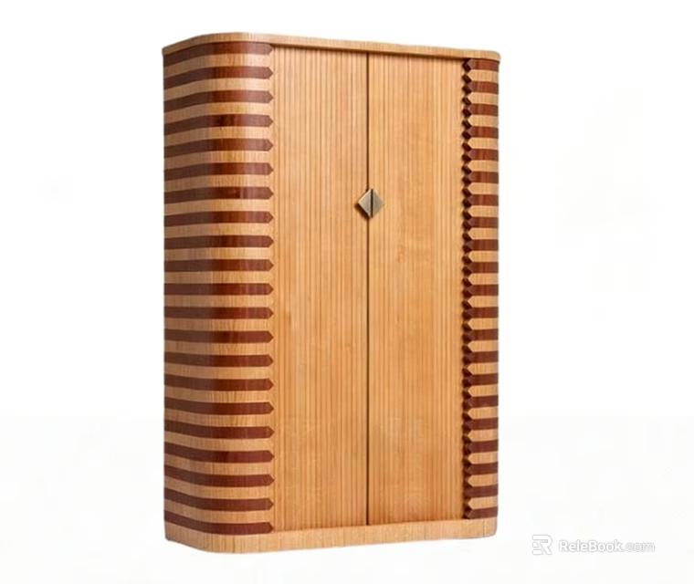 Wooden Decorative Cabinet With Striped Design And Double Doors Metal Handle 3d model 