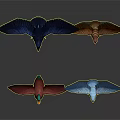 Four Various Colored Birds with Spread Wings in 3D Rendered Scene
