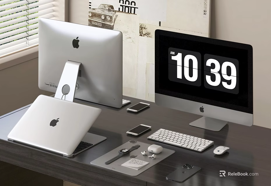 Modern Apple Computers Desktop Setup With MacBook iMac Monitor Phone Keyboard Mouse And Watch 3d model 