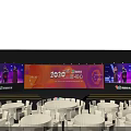 2025 New Product Launch Event Stage With Large Screens And Round Tables Setup