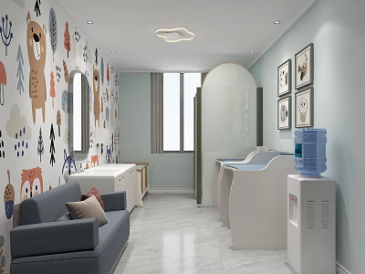 Cheerful Children's Activity Room With Cartoon Wall Decor Sofa Washbasins And Water Dispenser 3d model