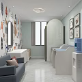 Cheerful Children's Activity Room With Cartoon Wall Decor Sofa Washbasins And Water Dispenser