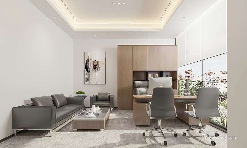 Modern Office Interior With Gray Sofa Coffee Table Wooden Cabinets And City View Through Windows 3d model 
