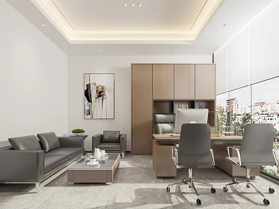 Modern Office Interior With Gray Sofa Coffee Table Wooden Cabinets And City View Through Windows 3d model