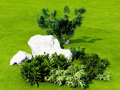 Green Shrubs Growing on Lush Grass with Large White Rocks and Foliage Plants 3d model