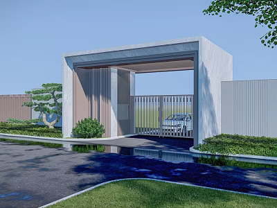 Modern Entrance Gate With Contemporary Design Green Plants Lawn And Water Feature 3d model