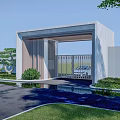 Modern Entrance Gate With Contemporary Design Green Plants Lawn And Water Feature