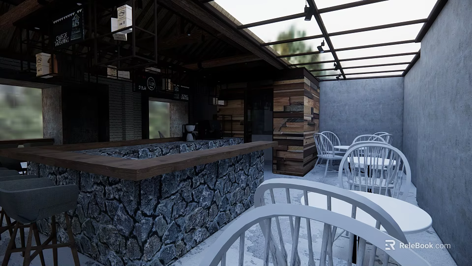 Rustic Outdoor Bar Area With Stone Counter Wooden Wall And White Chairs Under Glass Ceiling 3d model 