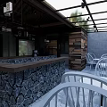 Rustic Outdoor Bar Area With Stone Counter Wooden Wall And White Chairs Under Glass Ceiling