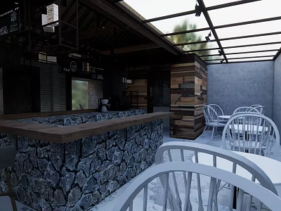 Rustic Outdoor Bar Area With Stone Counter Wooden Wall And White Chairs Under Glass Ceiling 3d model