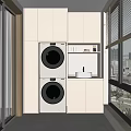 Home Balcony With Stacked Washing Machine Dryer Sink Cabinet And City View Window