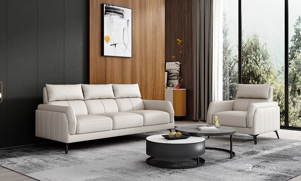Modern Leather Sofa and Coffee Table Set with Round Table Single Chair Wooden Wall and Window View 3d model 