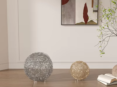 Decorative Ornament Set with Silver and Gold Wire Spheres and Open Book on Wooden Floor 3d model