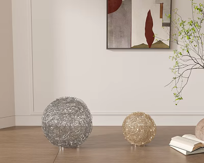 Decorative Ornament Set with Silver and Gold Wire Spheres and Open Book on Wooden Floor 3d model