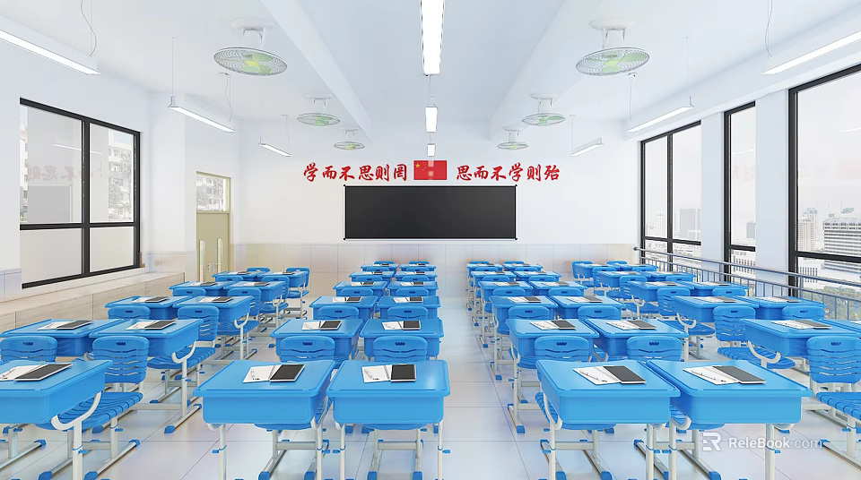 School Classroom Interior With Blue Desks Chairs Blackboard Fans Windows And Red Slogans 3d model 
