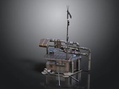 Industrial Rustic Structure With Windmill Metal Pipes Small Cabin And Platform 3d model