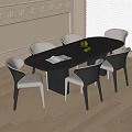 Oval Dark Wooden Dining Table With Six Gray White Chairs Open Book And Fruit Bowl
