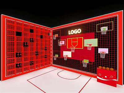 Red Indoor Basketball Court With Grid Wall Lockers And Basketball Hoops 3d model
