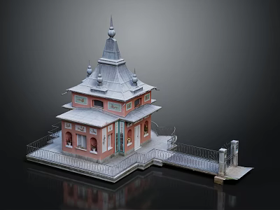 Traditional Multi tiered Architectural Structure With Spire Roof Red Walls Gray Roofing And Platform Railing 3d model