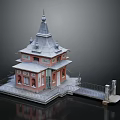 Traditional Multi tiered Architectural Structure With Spire Roof Red Walls Gray Roofing And Platform Railing