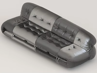 Modern Black Leather Three Seater Sofa With Tufted Design And Metal Accents 3d model