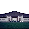Grand Modern Chinese Entrance Gate with Curved Roof Glass Windows Front Lawn and Decorative Plants