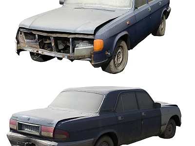 Old Damaged Blue Cars Front And Rear Views 3d model