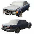 Old Damaged Blue Cars Front And Rear Views